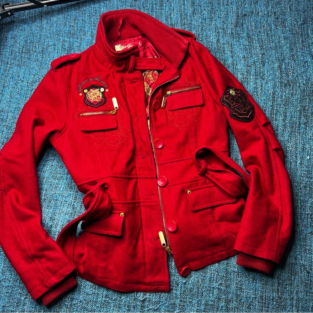 Y2K Apple Bottoms Wool Blend Embroidered Tie Waist Peacoat Jacket in Apple Red